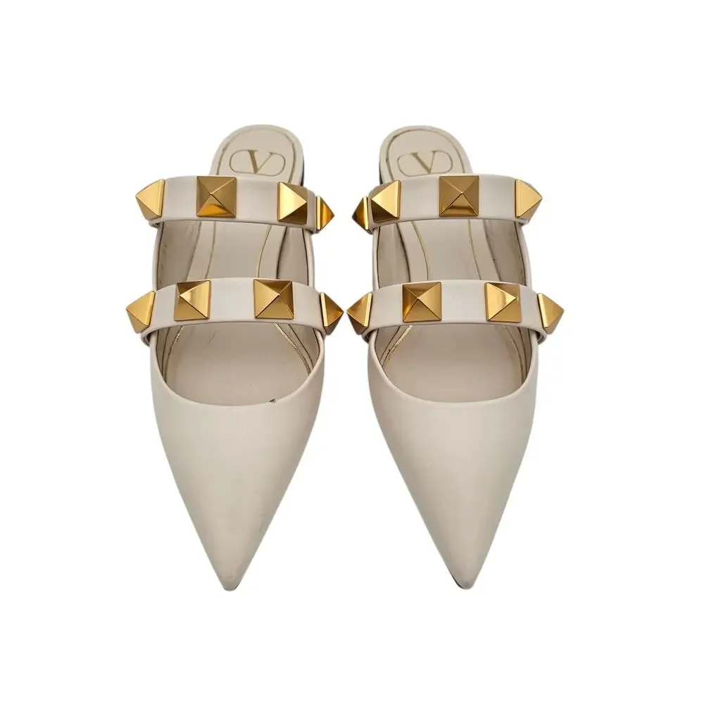 Valentino Garavani Roman Stud Flat Cage Mule Slide White Leather Gold Size 39 9